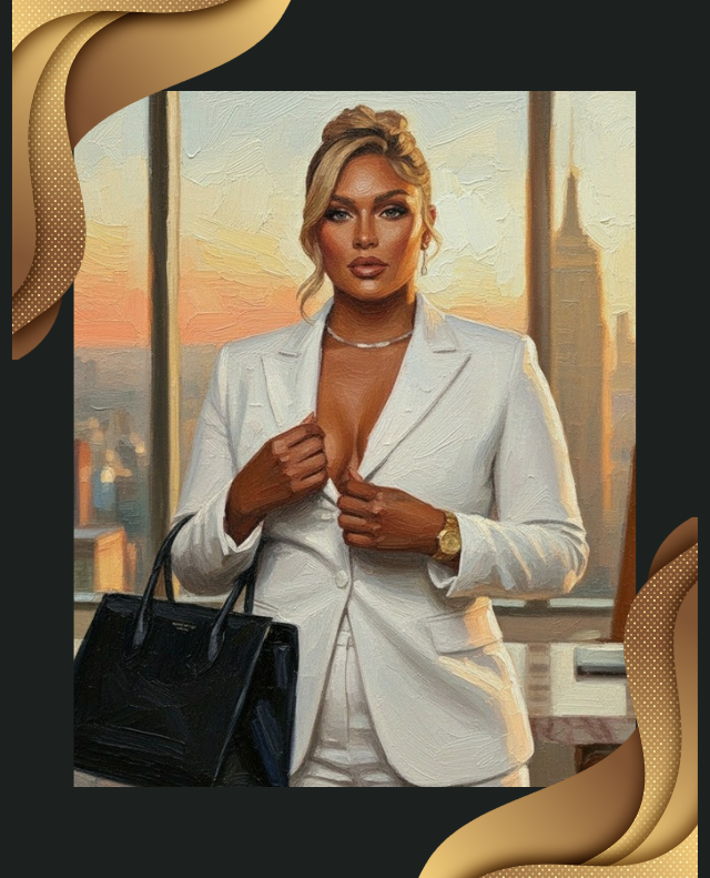 Woman in a white suit standing in an office setting with a cityscape in the background
