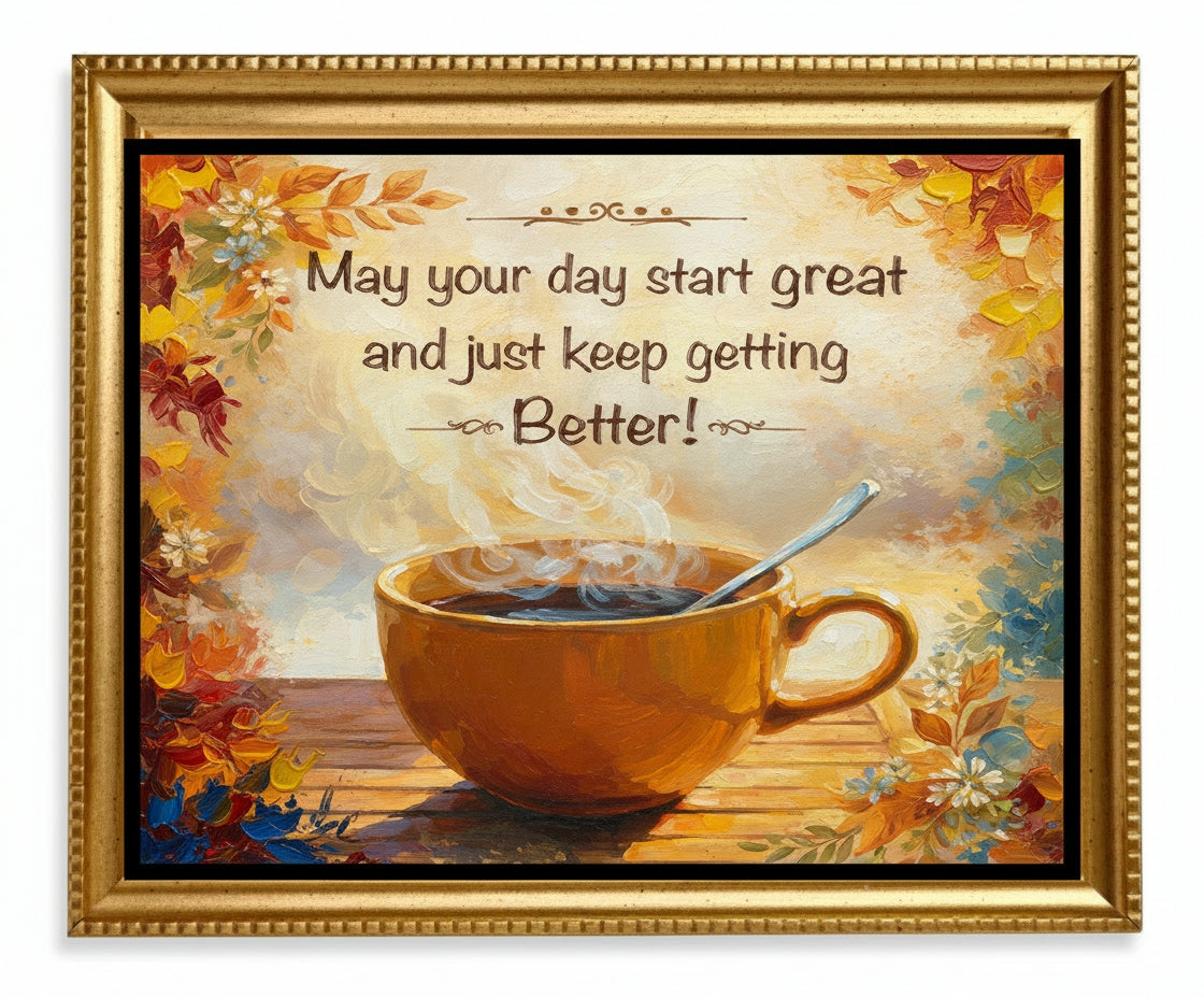 Framed artwork with a steaming coffee cup and motivational quote on a floral background.