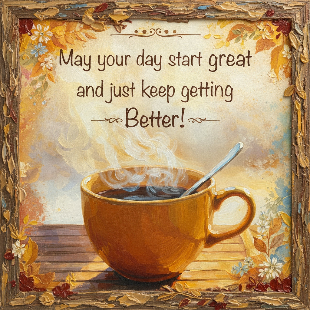 Decorative image with a steaming coffee cup, spoon, and autumn-themed frame with text 'May your day start great and just keep getting Better!'.