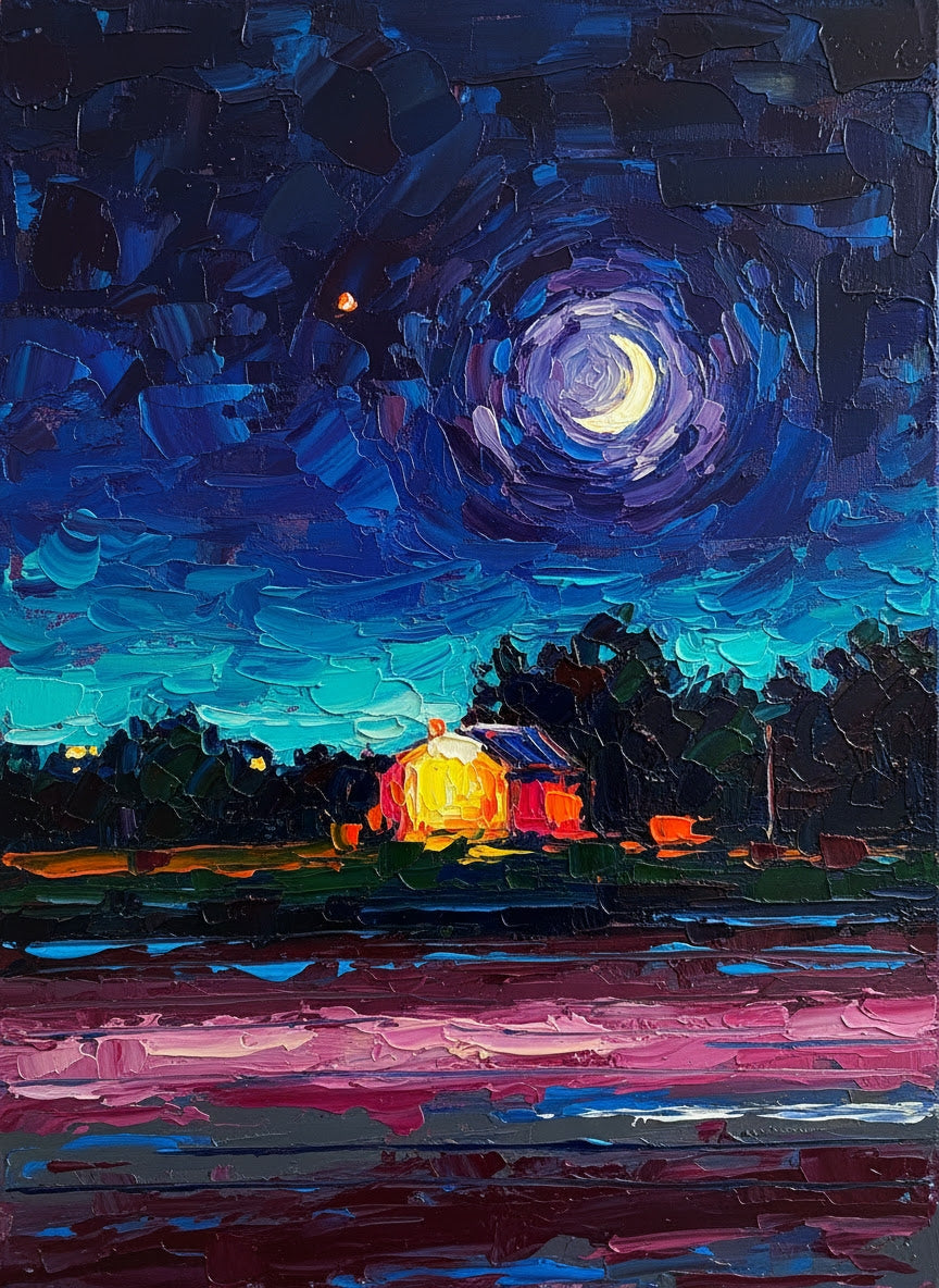 Painting of a starry night sky over a illuminated house