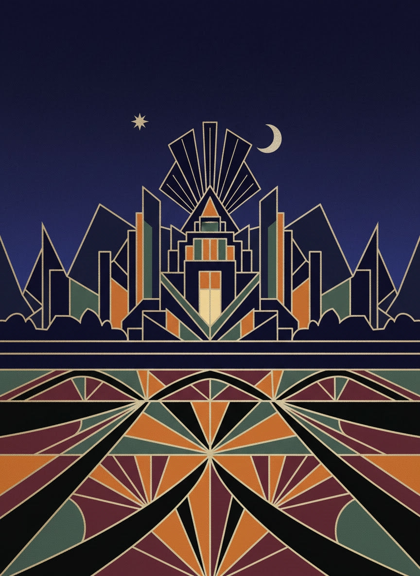Art Deco-style cityscape with geometric shapes and a starry night sky.
