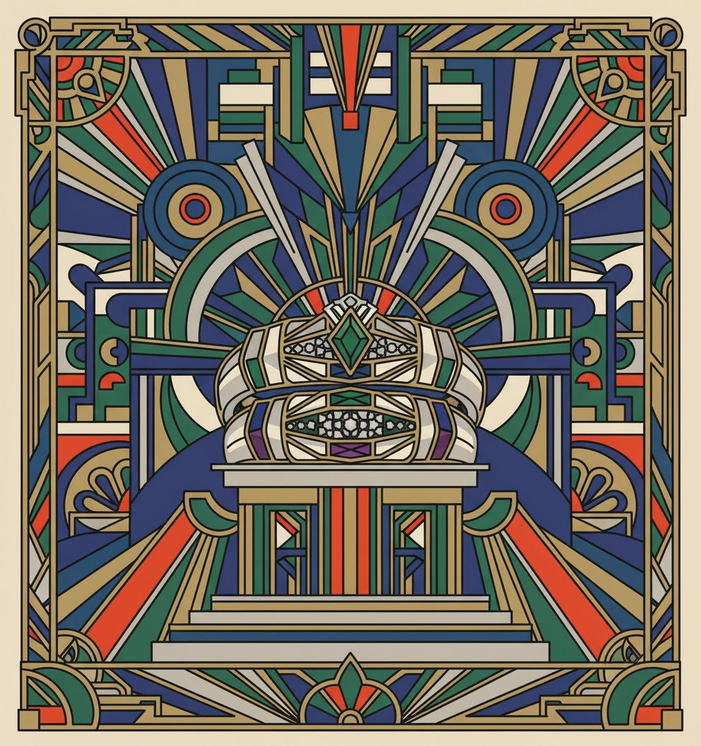 Decorative design with geometric patterns and a central structure on a beige background