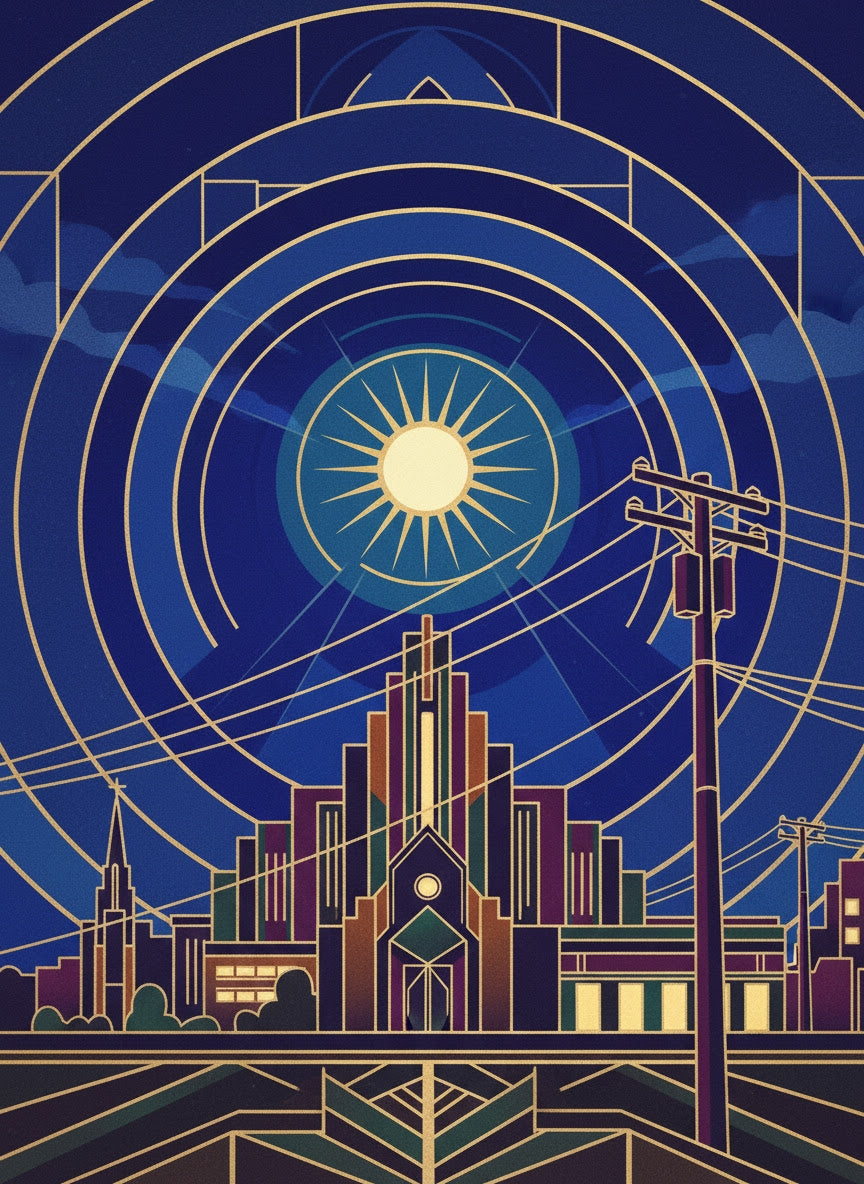 Artistic cityscape with geometric patterns and a sun-like center on a blue background