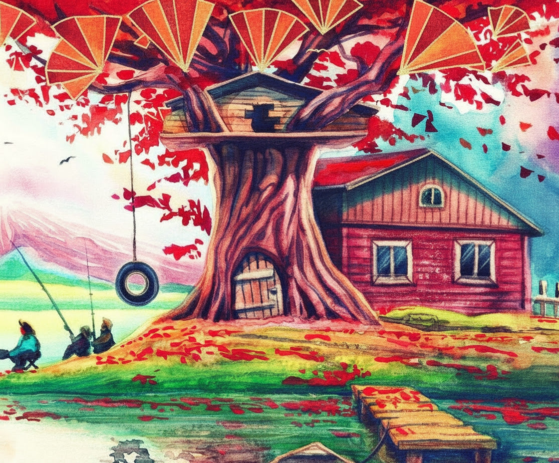 Colorful illustration of a treehouse with a swing and a red cabin in a vibrant landscape.