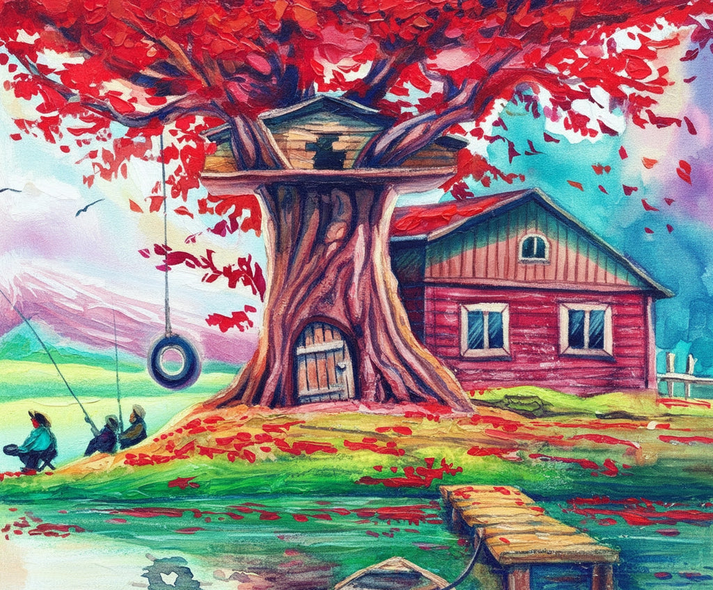 Painting of a red cabin nestled in a tree with a swing, surrounded by nature.