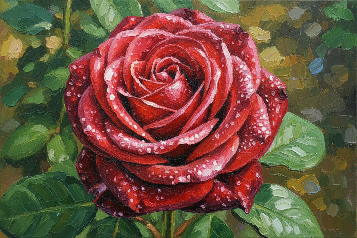 Close-up of a red rose with water droplets on a blurred green background