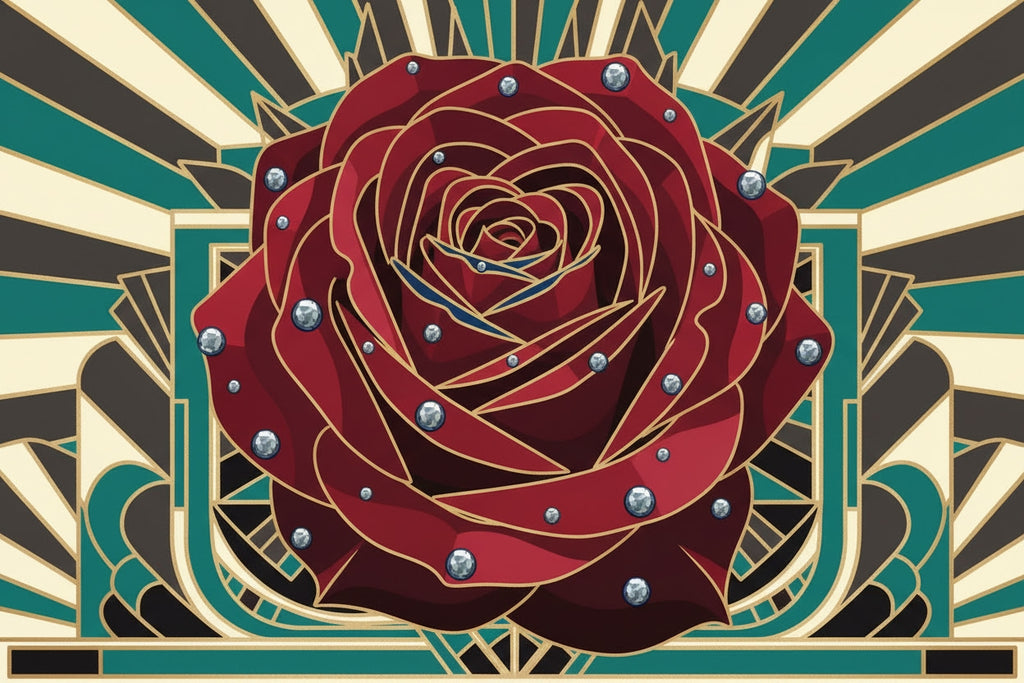 Decorative red rose with silver studs on an Art Deco geometric patterned background