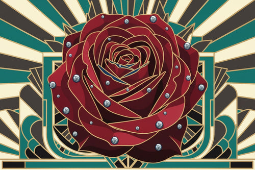 Decorative red rose with silver studs on an Art Deco geometric patterned background