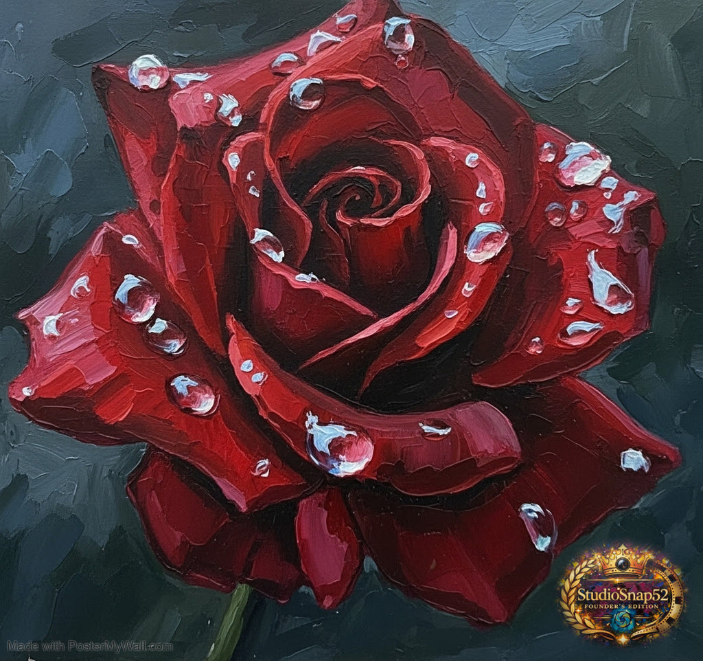 Close-up of a red rose with water droplets on a dark background