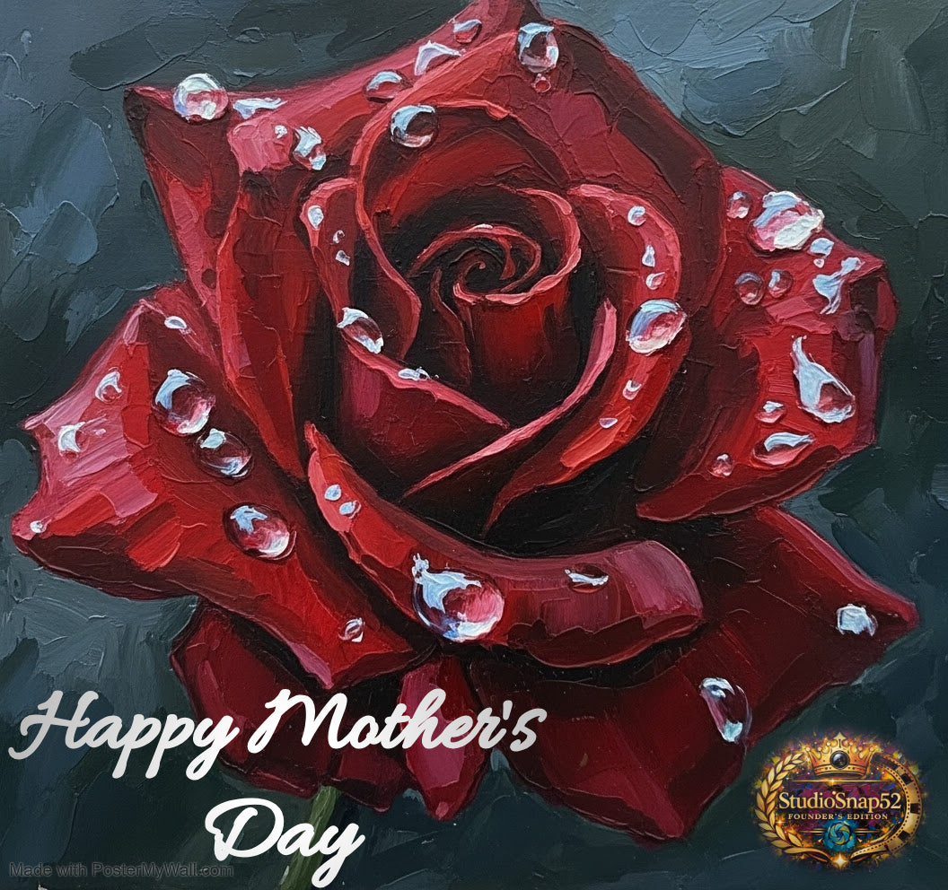 Red rose with water droplets on a dark background, featuring 'Happy Mother's Day' text.