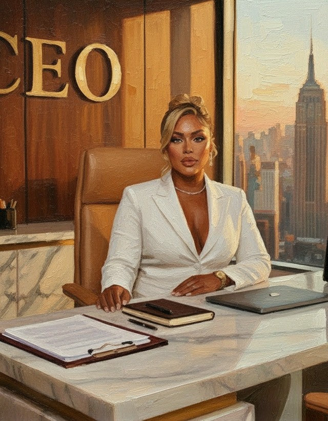 Woman in a white suit sitting at a desk with 'CEO' and cityscape background