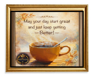 Framed artwork with a cup of coffee and motivational quote on a wooden surface.