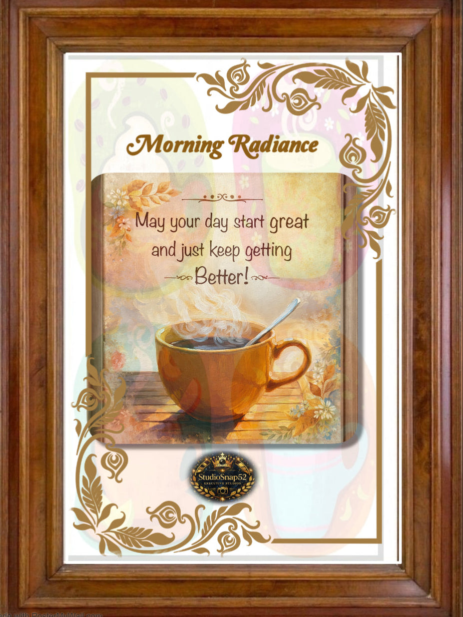 Framed artwork with a cup of coffee and motivational quote, featuring a wooden frame.