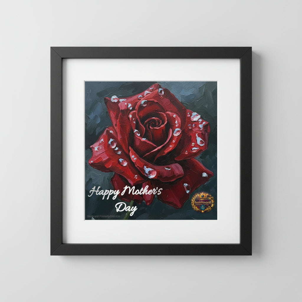 Red rose with water droplets on a dark background, featuring 'Happy Mother's Day' text.