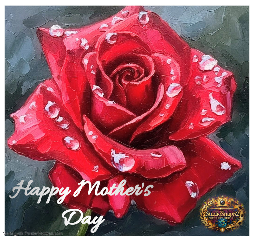 Red rose with water droplets on a dark background, featuring 'Happy Mother's Day' text.