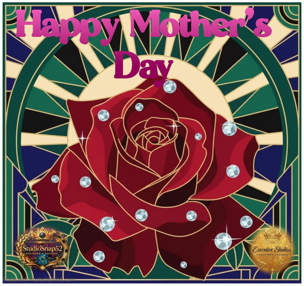 Decorative Mother's Day card with a red rose and decorative frame.