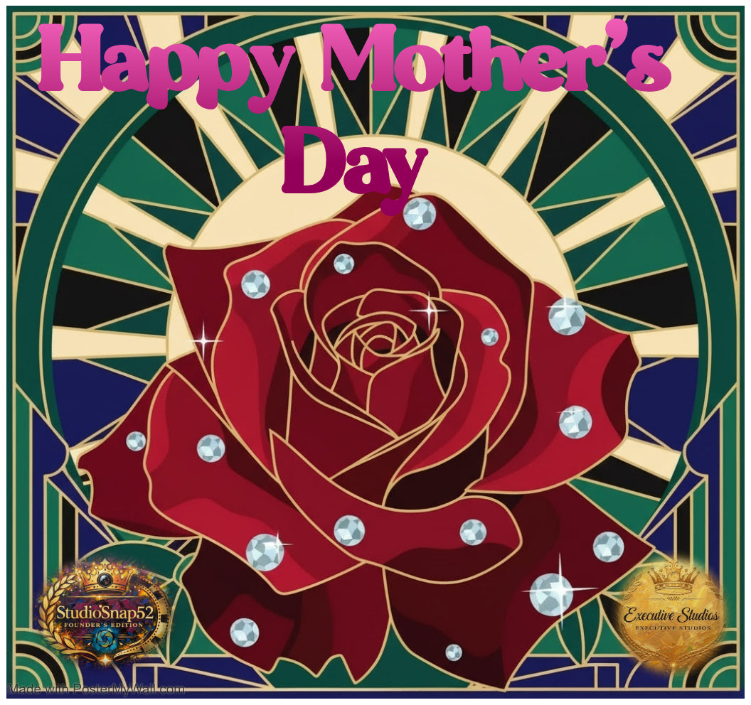 Decorative Mother's Day card with a red rose and decorative frame.