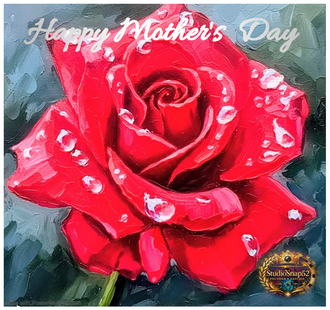 Red rose with water droplets on a dark background, featuring 'Happy Mother's Day' text.