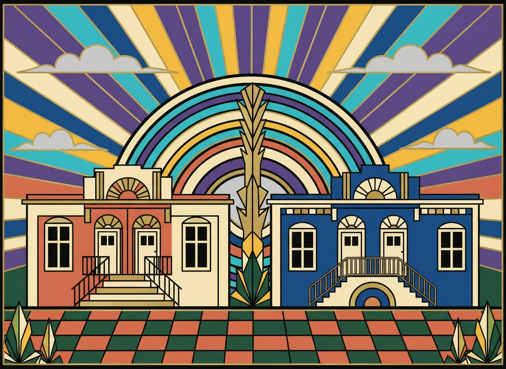 Colorful art deco-style building with a rainbow arch and geometric patterns.