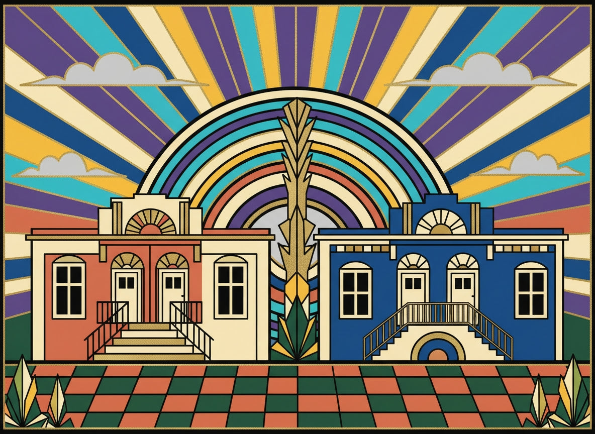 Colorful art deco-style building with a rainbow arch and geometric patterns.