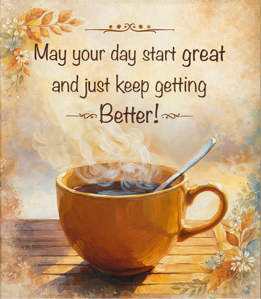 Cup of steaming coffee with a spoon, surrounded by autumn leaves and flowers, with text 'May your day start great and just keep getting Better!'.