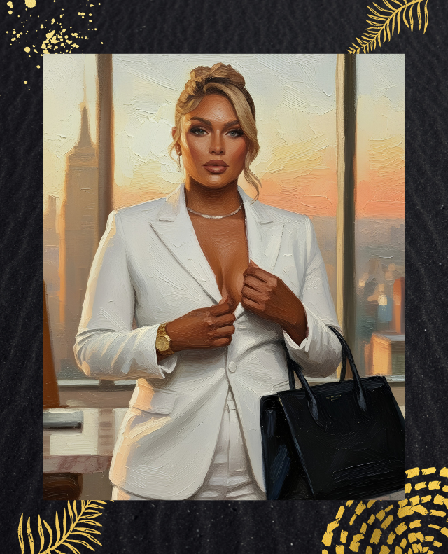 Woman in a white suit with a cityscape background