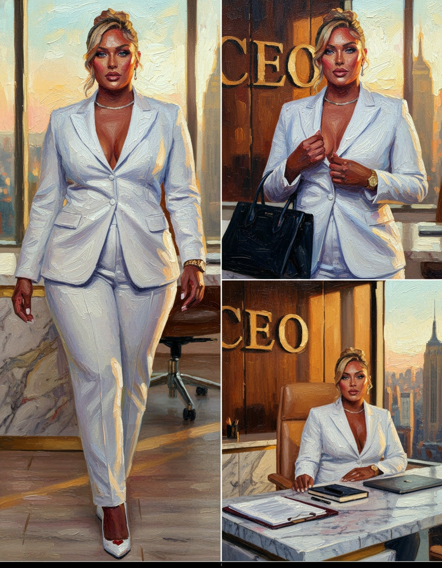 Collage of a woman in a business suit in various settings with 'CEO' signage.