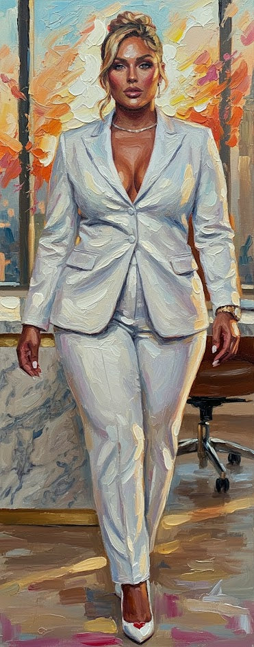 Woman in a white suit standing in an office setting with abstract art in the background