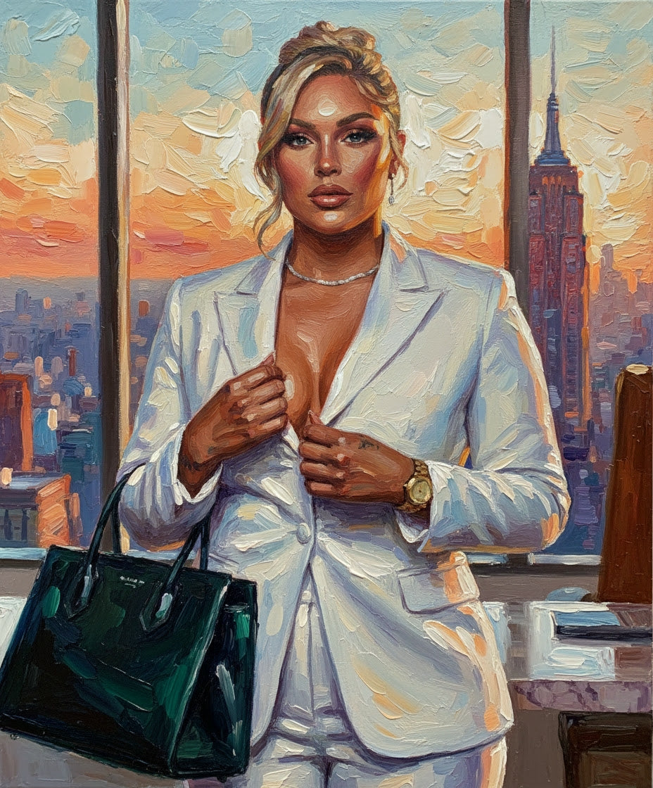Woman in a white suit with a cityscape background