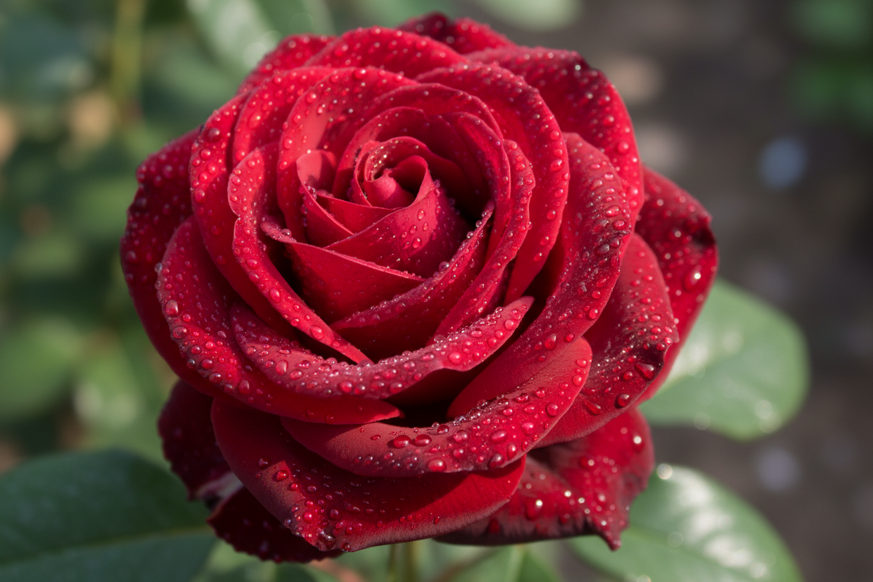 Close-up of a red rose with water droplets on its petals against a blurred green background.